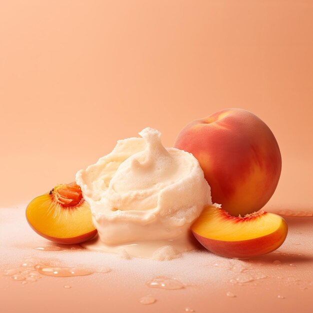 Photo fresh and juicy peach halves and ice cream on a peach background isolated on a peach background