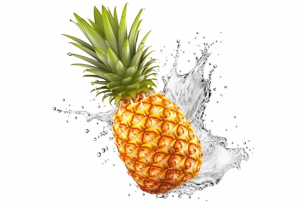 Fresh juicy pineapple fruit with water splash isolated on white background healthy tropical fruit Generative AI