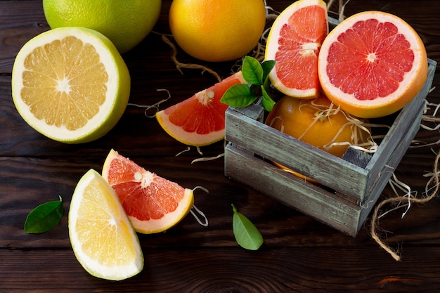 Fresh and juicy red grapefruit in a wooden box