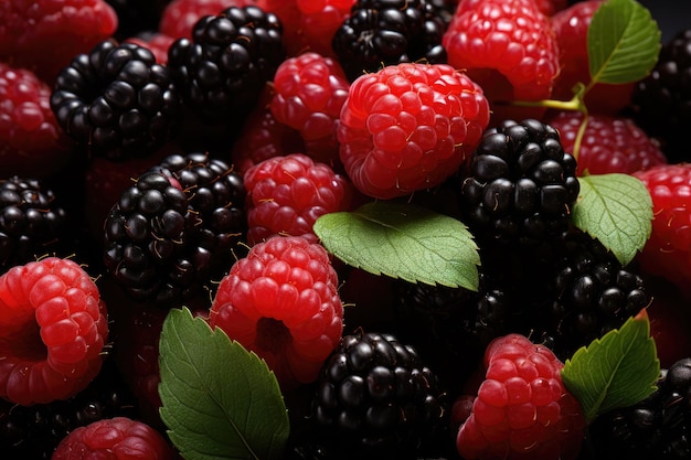 Fresh juicy ripe raspberries and blackberries background top view closeup