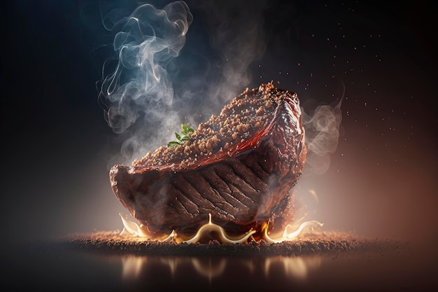 Photo fresh and juicy smoked beef on the old board ai technology generated image