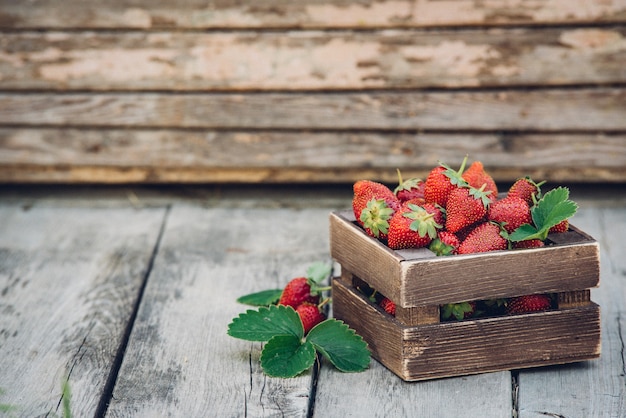 Photo fresh juicy strawberries with leaves. rustic wooden box and handmade lace. retro magazine picture. strawberry with copy space.