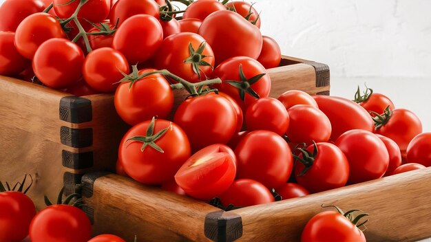 Fresh and juicy tomatoes in a wooden box