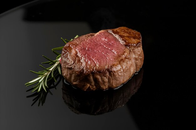 Photo a fresh juicy and wellmarbled beef steak against a stark black background