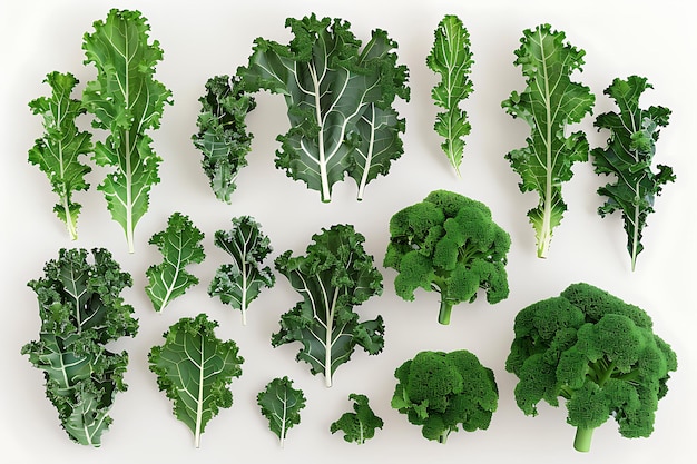 Fresh Kale and Broccoli Leaves on White Background