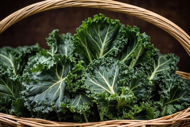 Fresh kale bunch in a rustic wicker basket