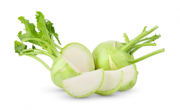 Fresh kohlrabi with green leaves on isolated white backround. full depth of field