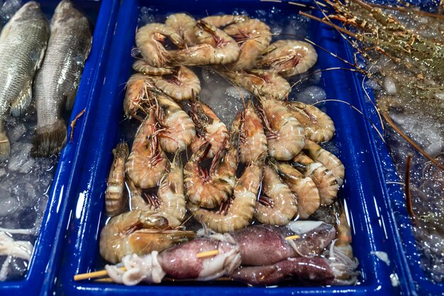 fresh large shrimps in water, in a blue plastic box with water, are waiting in a seafood restaurant in Thailand for the buyer to choose and order them for cooking.