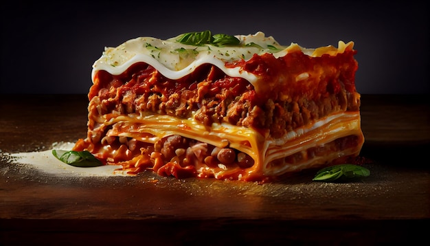 Fresh lasagna slice on wooden table close up generated by AI