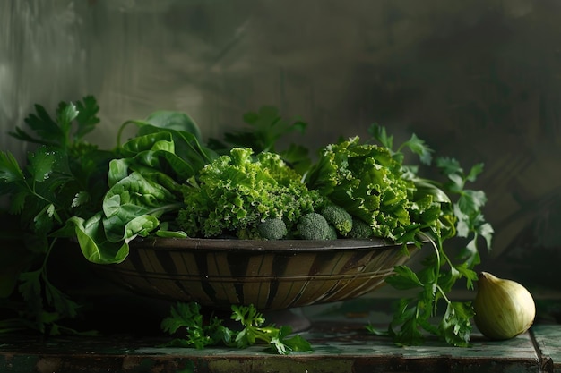 Fresh Leafy Greens and Herbs in Rustic Kitchen Setting