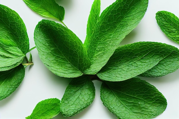 Fresh leaves and sprigs of peppermint closeup on a white background