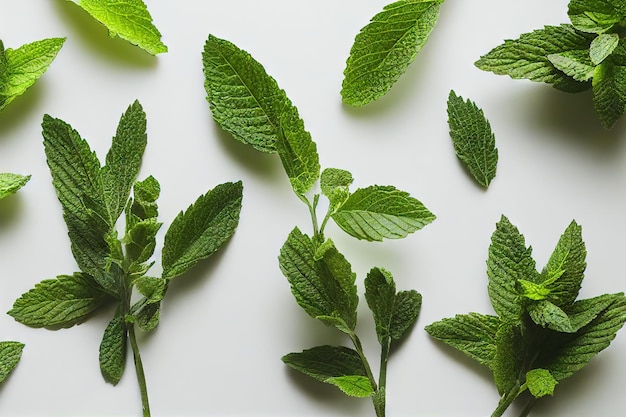 Fresh leaves and sprigs of peppermint closeup on a white background