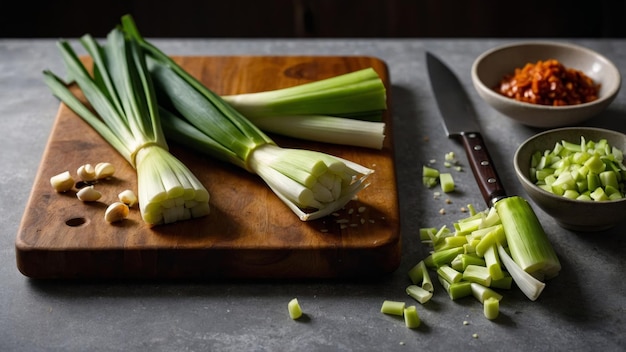 Fresh Leeks on a Wooden Cutting Board with Knife