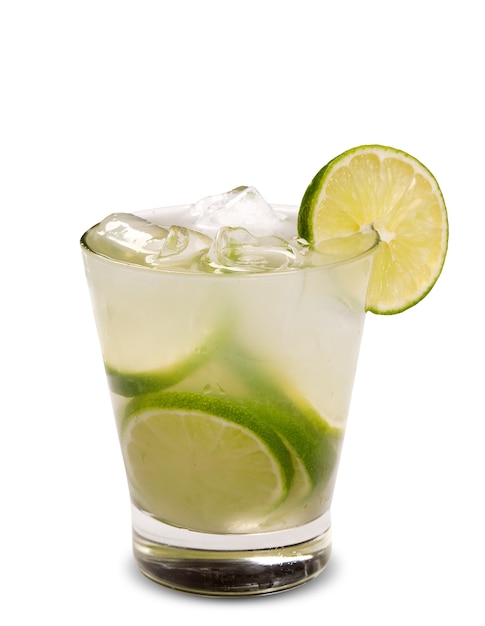 Fresh lemon drink with ice isolated on white surface. Caipirinha.