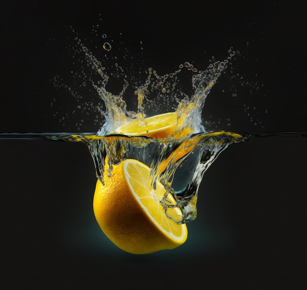 Fresh lemon fruit dropping into water