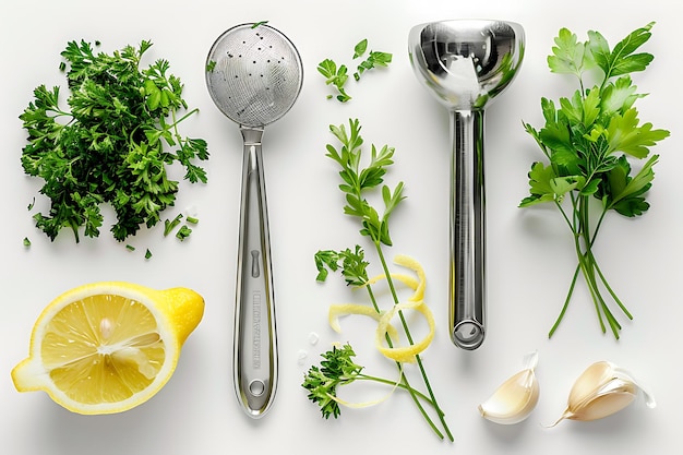 Fresh Lemon Garlic Parsley and Kitchen Tools on a White Background