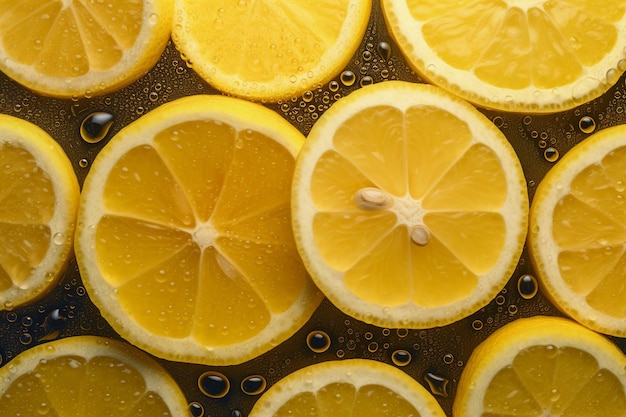 Fresh lemon seamless background adorned with glistening droplets of water Top down view