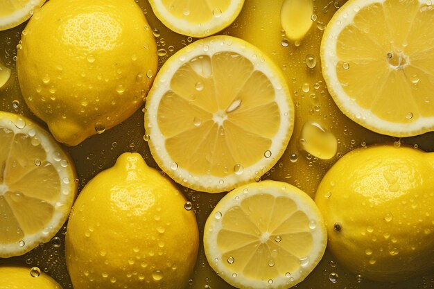 Fresh lemon seamless background adorned with glistening droplets of water Top down view