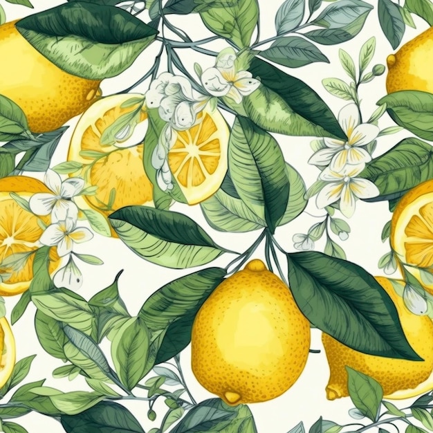 Fresh lemon seamless pattern created with generative AI