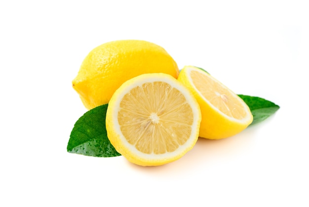 Fresh lemon with leaves on  white background