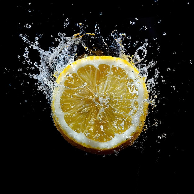 Fresh lemon with water splash isolated on black background