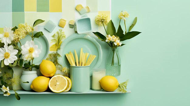 Fresh Lemonade and Floral Arrangement on Pastel Green Background