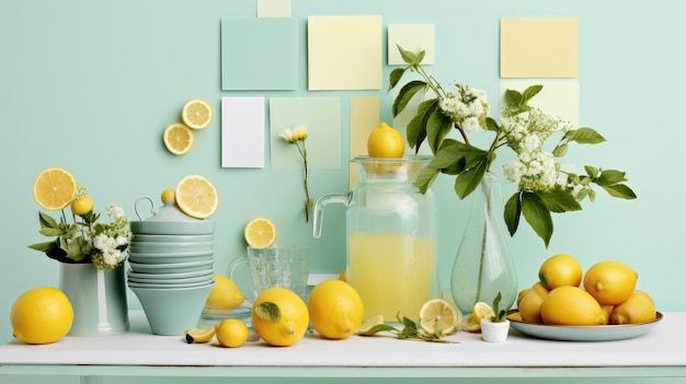 Fresh Lemonade and Floral Arrangement on Pastel Green Background