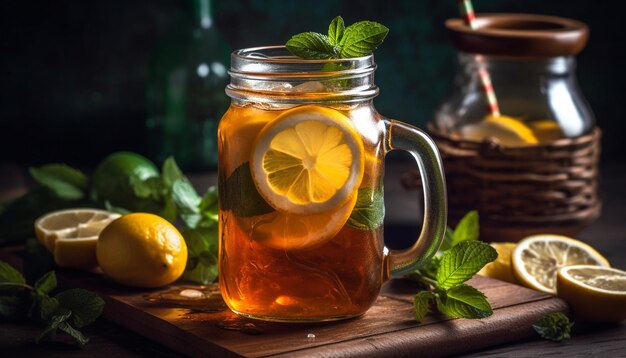 Fresh lemonade on a wooden table a refreshing summer drink generated by artificial intelligence