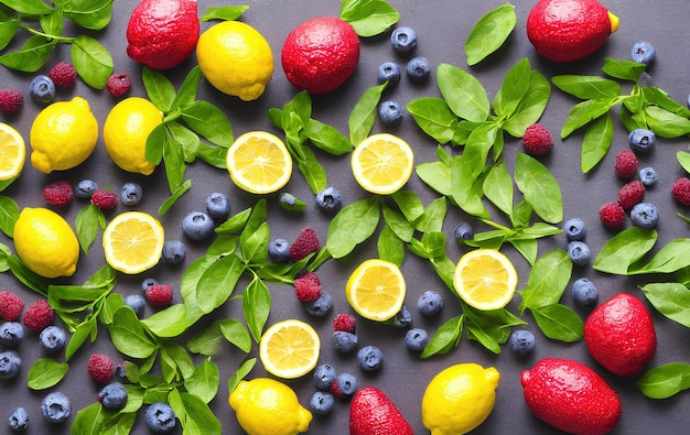 Fresh lemons and green leaves