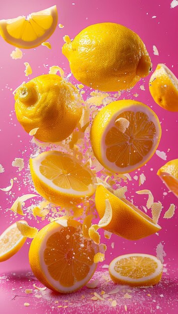 Fresh lemons and lemon peels falling against a vibrant pink background