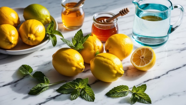 Fresh Lemons with Mint Leaves on a Marble Counter