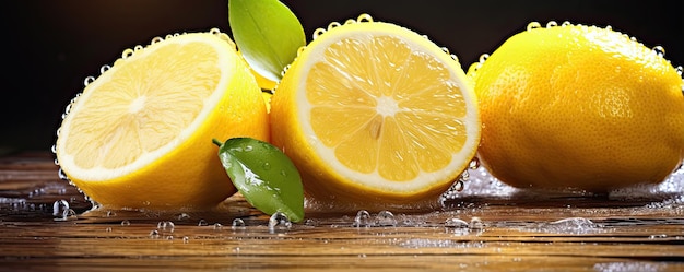 Fresh lemons with water drops Lemon and green leaves on wooden table banner