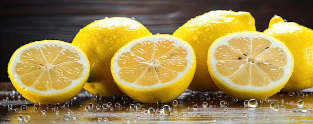 Fresh lemons with water drops Lemon and green leaves on wooden table banner