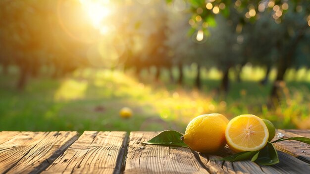 Fresh lemons on a wooden table in the garden