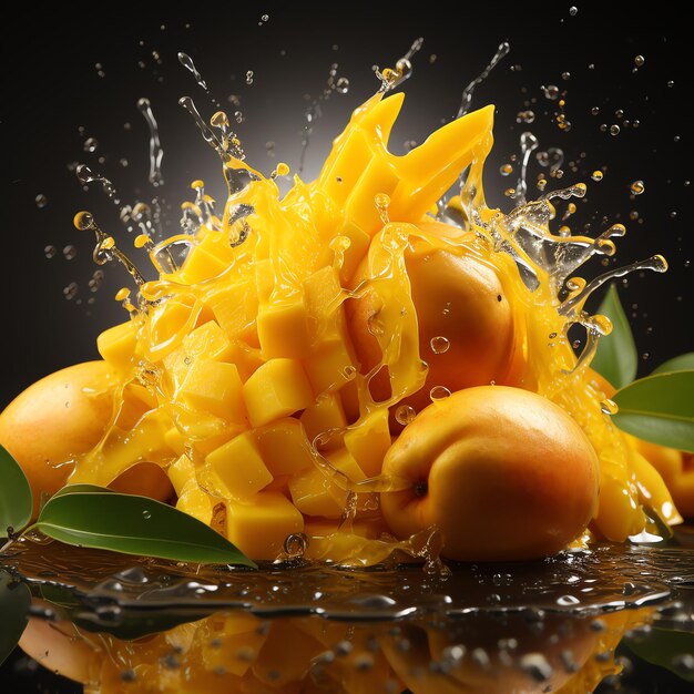 Photo fresh lemons and yellow mangoes splashed with water