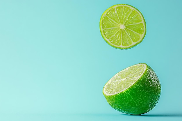 Photo fresh lime fruit isolated with a single slice hovering above it