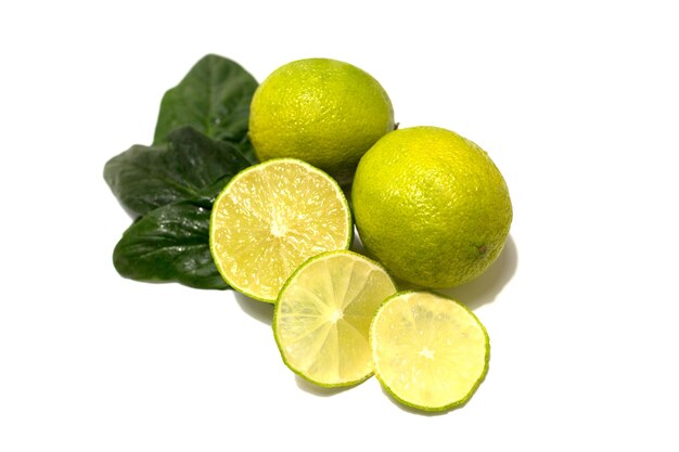 Fresh lime fruit. Whole fruits and cut. Lime leaves. Studio photography on a white background. High quality photo