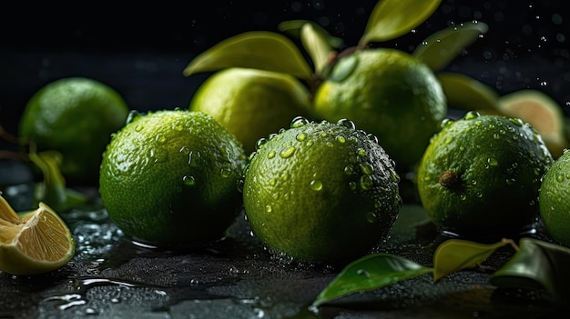 Fresh Lime hit by splashes of water with black blur background