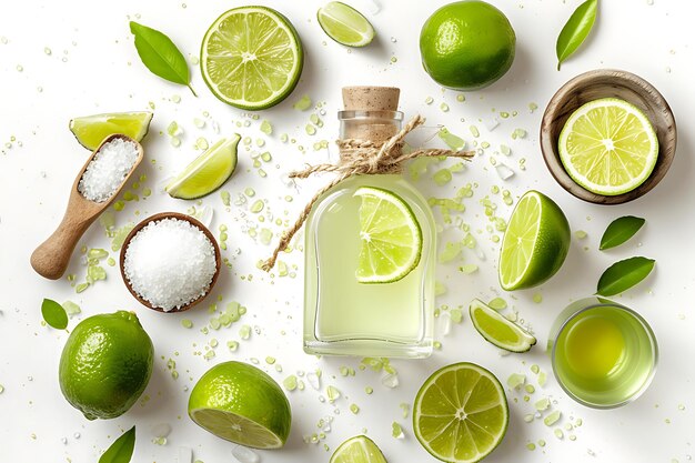 Fresh lime juice with salt and lime slices on white background