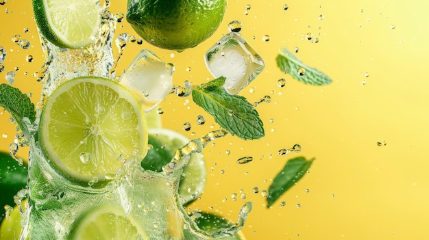 Fresh lime mint and ice in a splash on a yellow background