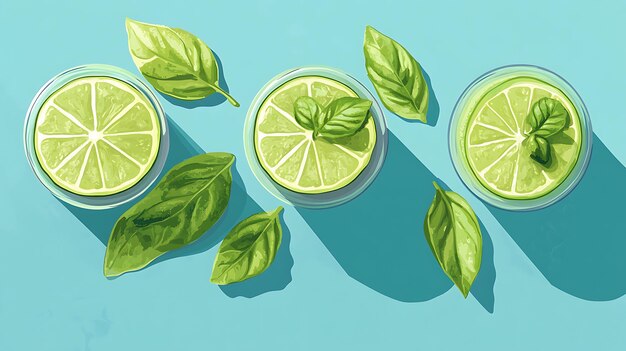 Photo fresh lime slices and basil leaves on a turquoise background