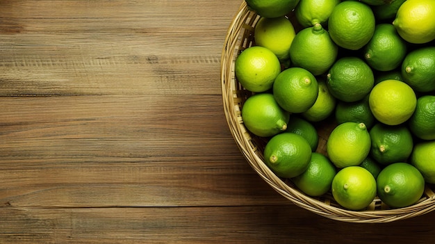 Fresh limes in the basket A basket with a handle with Lime on a wooden table on a light background