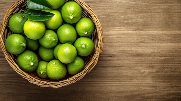 Fresh limes in the basket A basket with a handle with Lime on a wooden table on a light background