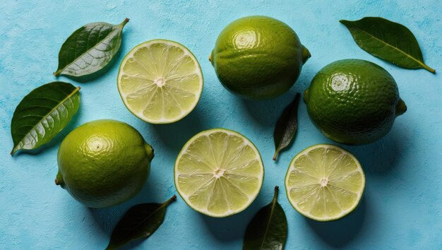 Fresh limes on a blue background perfect for culinary uses and drinks