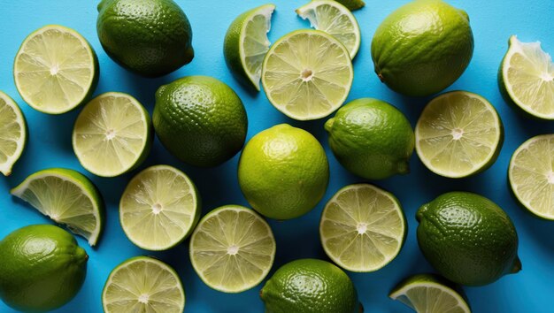 Photo fresh limes on a blue background perfect for culinary uses and drinks