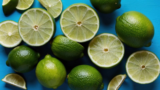 Photo fresh limes on a blue background perfect for culinary uses and drinks