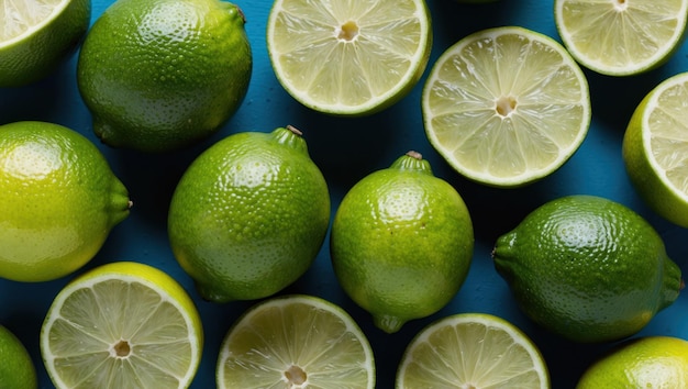 Photo fresh limes on a blue background perfect for culinary uses and drinks