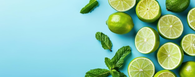 Photo fresh limes and mint leaves on a light blue background perfect for summer recipes and refreshing beverages