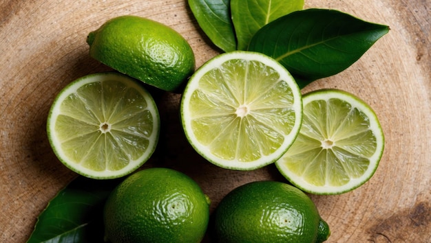 Fresh limes and slices on a dark background ideal for culinary uses