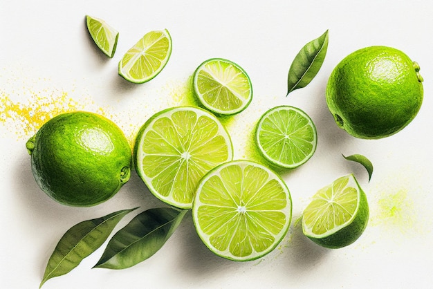 Fresh limes on white paper background Watercolor citrus botanical AI generative illustration